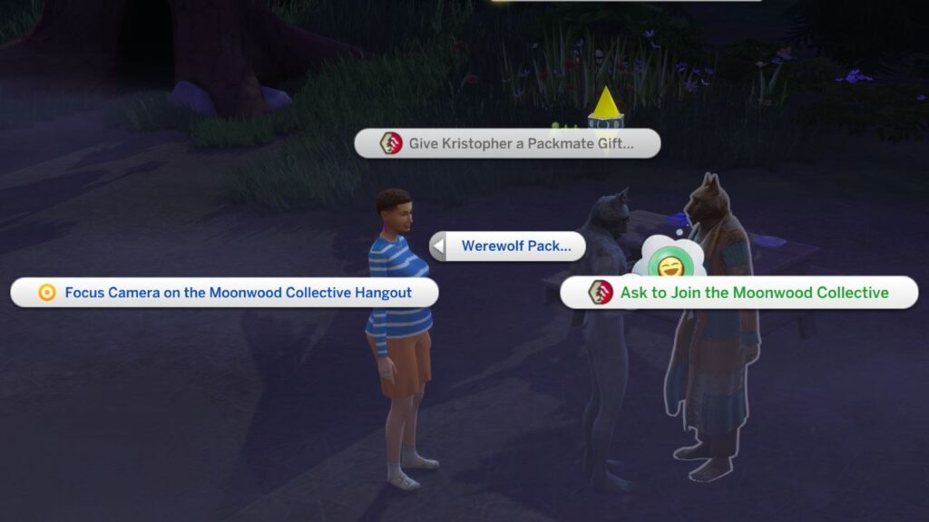 A screenshot from The Sims 4 showing the option to ask to join the moonwood collective