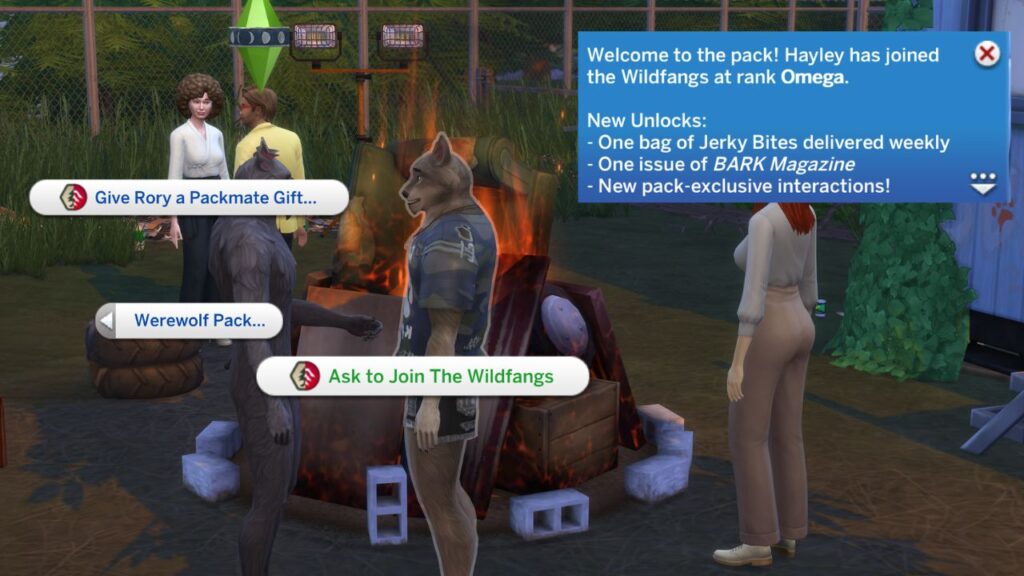 A screenshot from The Sims 4 showing how to join the wildfangs