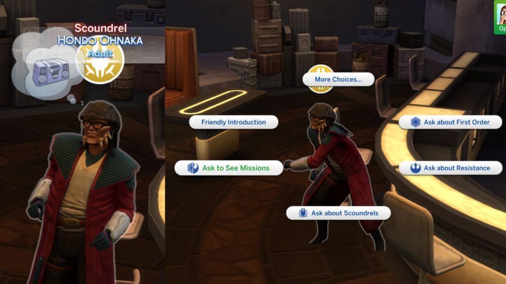 A screenshot from The Sims 4 showing how to ask Hondo Ohnaka to see missions