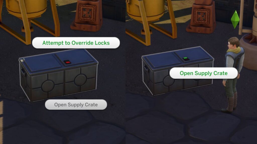 A screenshot from The Sims 4 showing the buttons to override locks and open supply crates