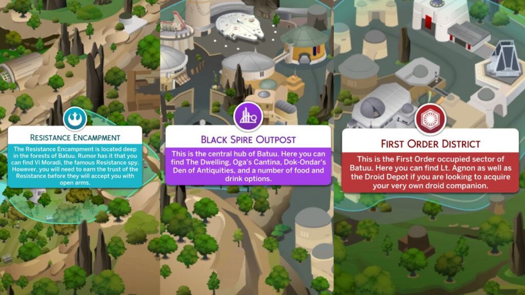 A screenshot from The Sims 4 showing the three neighbourhoods in the Batuu world