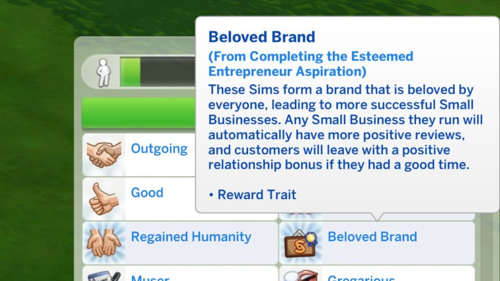 A screenshot from The Sims 4 showing the beloved brand aspiration reward trait from the esteemed entrepreneur aspiration