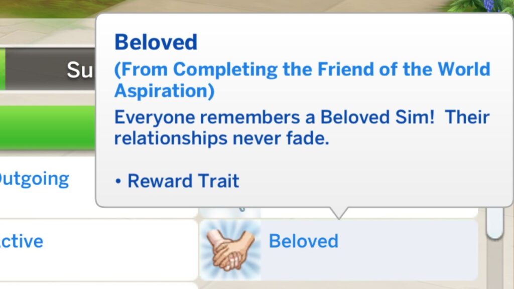 A screenshot from The Sims 4 showing the Beloved reward trait