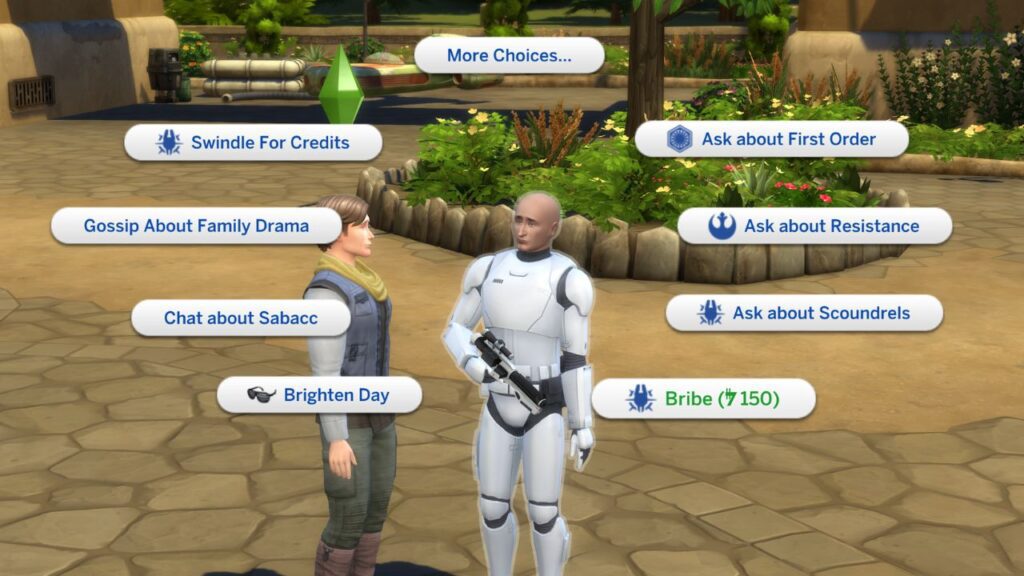 A screenshot from The Sims 4 showing the option to bribe a stormtrooper for 150 galactic credits