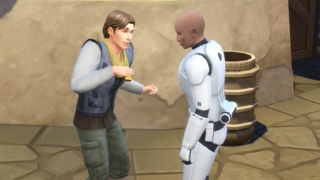 A screenshot from The Sims 4 showing a sim bribing a stormtrooper