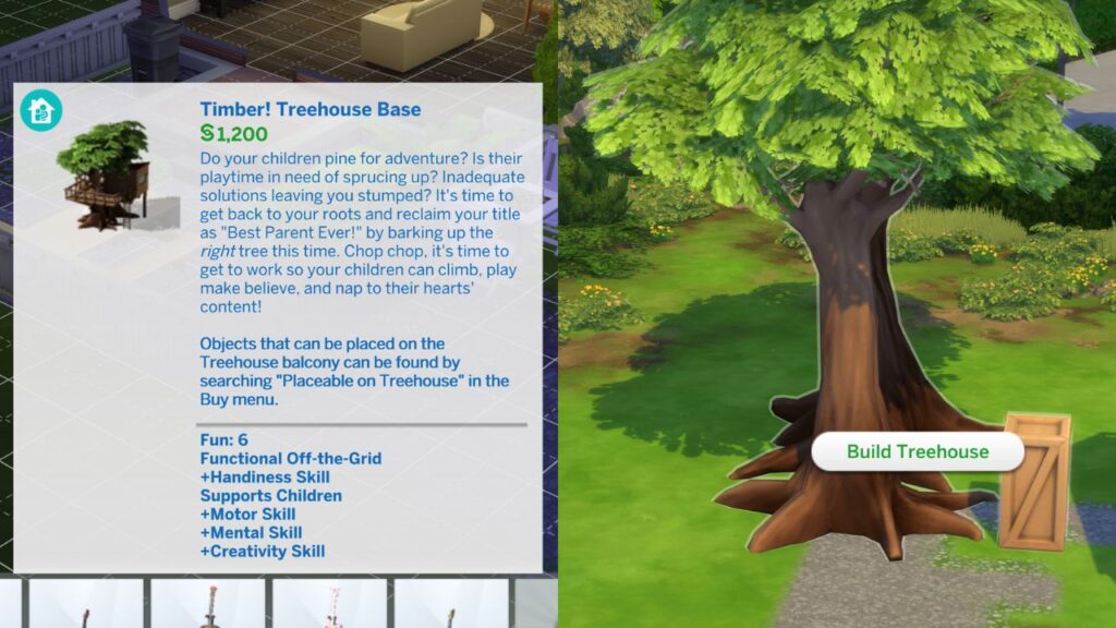 A screenshot from The Sims 4 showing the Timber! Treehouse and the option to build it