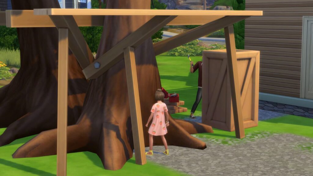 A screenshot from The Sims 4 showing a child helping their dad build a treehouse