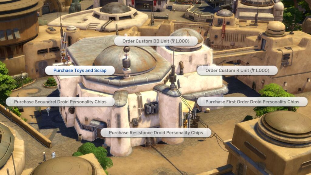 A screenshot from The Sims 4 showing the building to purchase a droid 