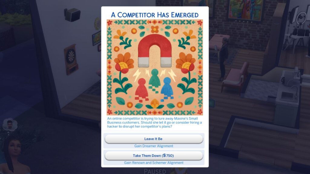 A screenshot from The Sims 4 showing a small business action card
