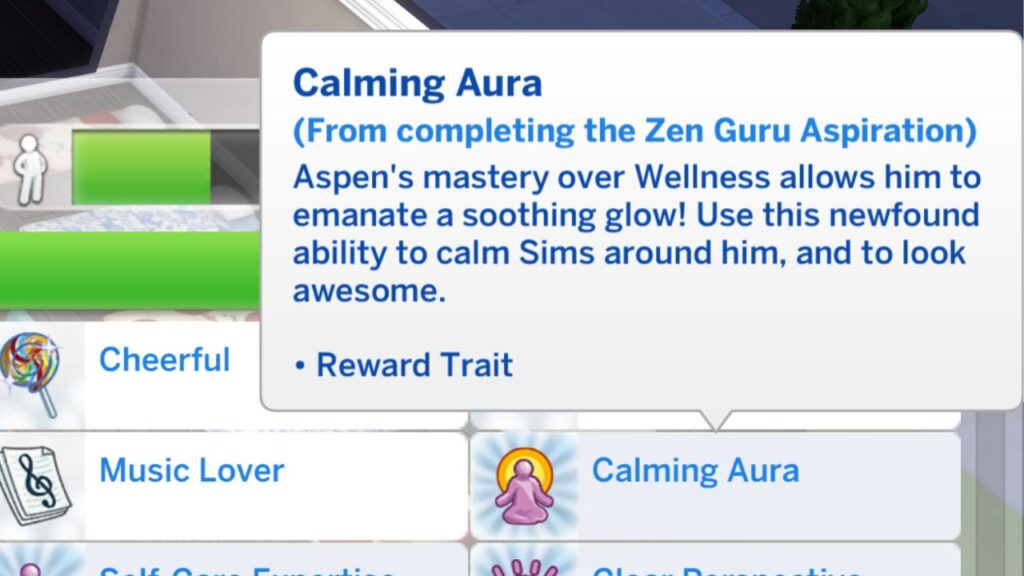 A screenshot from The Sims 4 showing the calming aura reward trait description