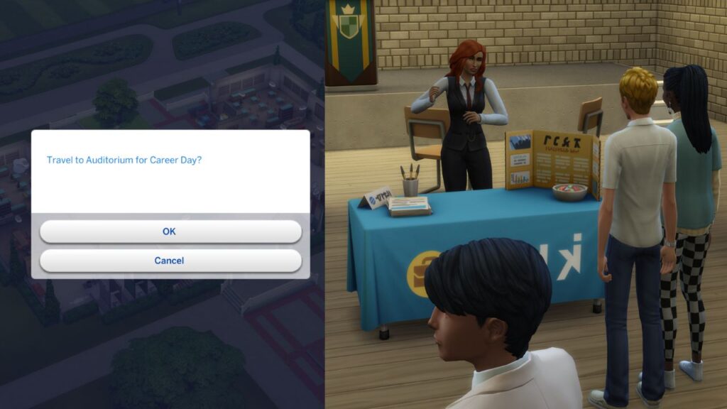 A screenshot from the sims 4 showing the option to travel to career day and Nina Caliente doing a career day presentation