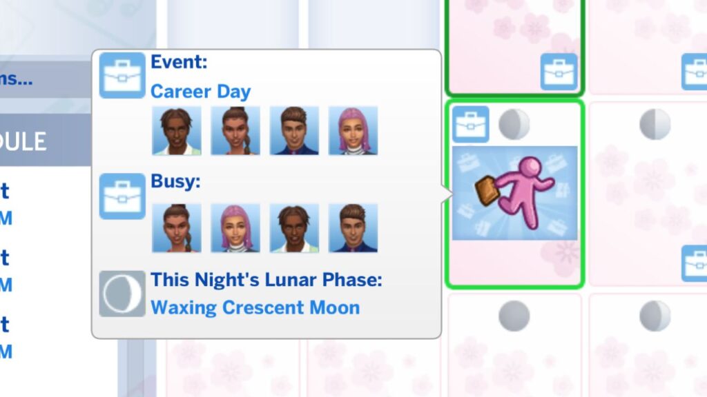 A screenshot from the sims 4 showing the career day icon on the household calendar