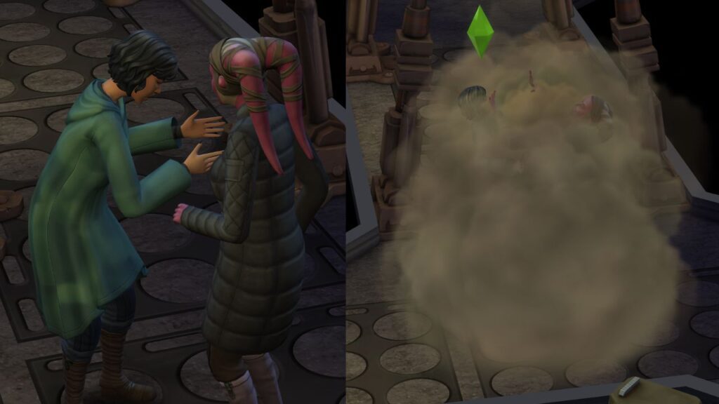 A screenshot from The Sims 4 showing a sim being confronted for slicing holotable and getting into a fight 