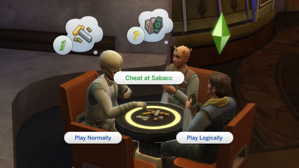 A screenshot from The Sims 4 showing how to Cheat at Sabacc in Oga's Cantina
