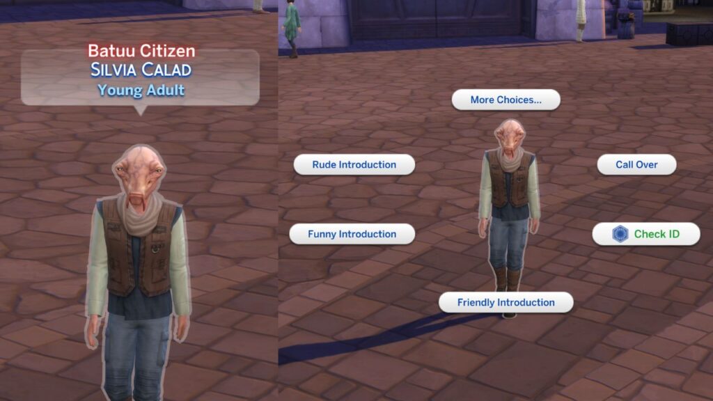 A screenshot from The Sims 4 showing a Batuu Citizen and the option to Check their ID. 