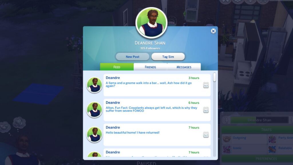 A screenshot from The Sims 4 showing a sim's social bunny account with 315 followers