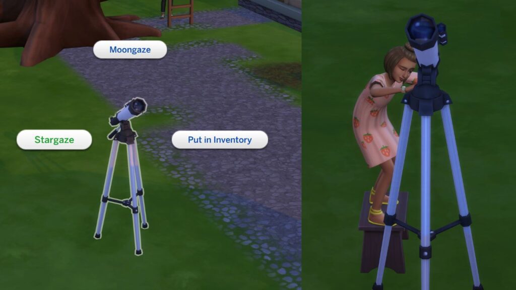 A screenshot from The Sims 4 showing the option to stargaze for children on a backyard mini observatory
