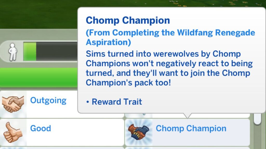 A screenshot from The Sims 4 showing the chomp champion reward trait from the wildfang renegade aspiration