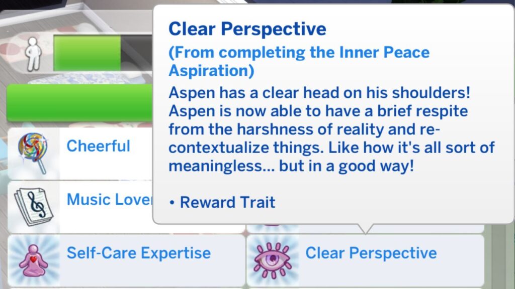 A screenshot from The Sims 4 showing the clear perspective reward trait