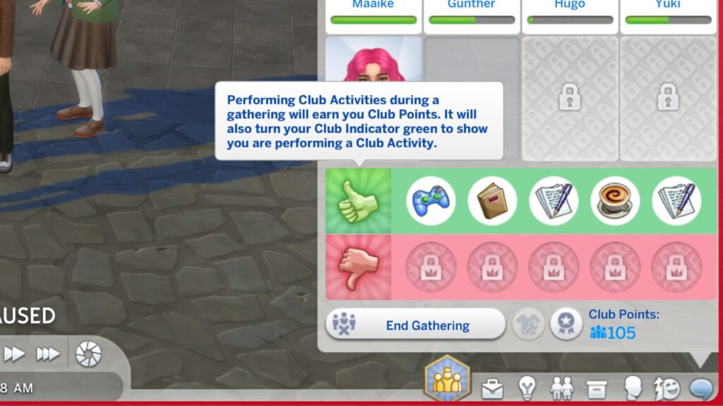 A screenshot from The Sims 4 showing the club activities required for the Avant Gardes club 