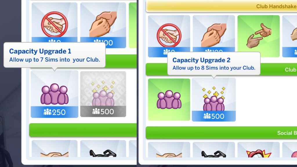 A screenshot from The Sims 4 showing the two capacity upgrades you can add to your club to have more members 