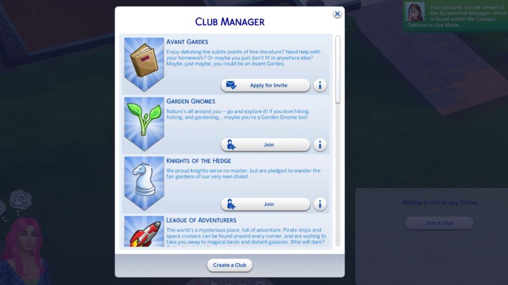 A screenshot from The Sims 4 showing the Club Manager to join a club 