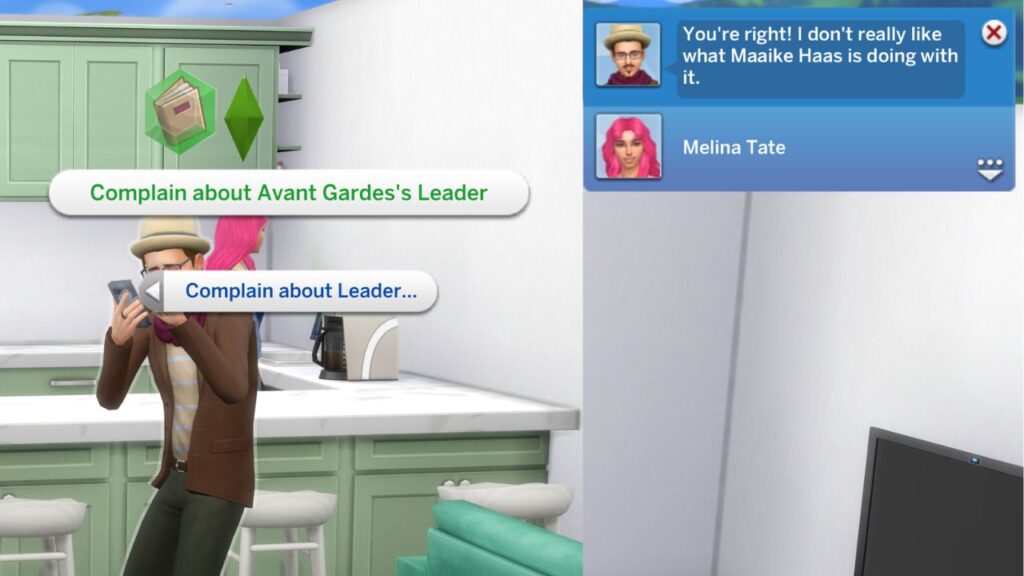 A screenshot from The Sims 4 showing the social option to complain about your club's leader 