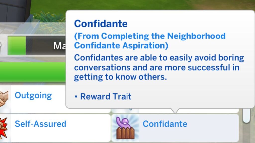 A screenshot from The Sims 4 showing the confidante aspiration reward trait