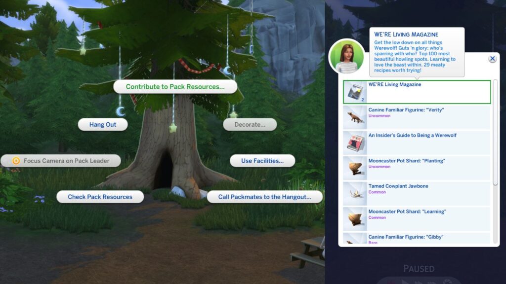 A screenshot from The Sims 4 showing how to contribute to pack resources for the moonwood collective