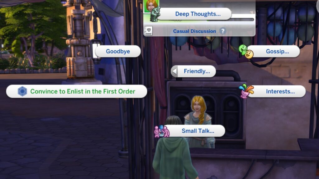 A screenshot from The Sims 4 showing the option to convince a sim to enlist in the first order 