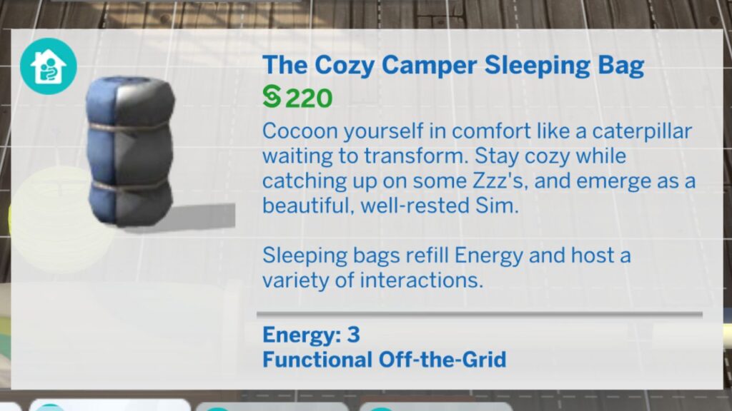 A screenshot from The Sims 4 showing the build mode catalog for The Cozy Camper Sleeping Bag