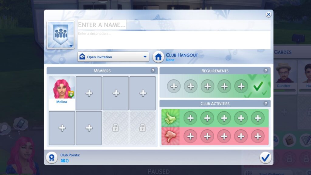 A screenshot from The Sims 4 showing the menu to start a club 