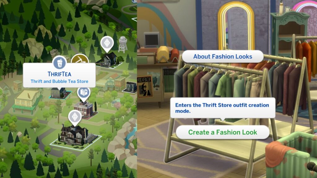 A screenshot from The Sims 4 showing the location of ThrifTea and how to create a fashion look