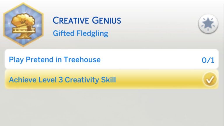 A screenshot from The Sims 4 showing the first stage of the creative genius aspiration