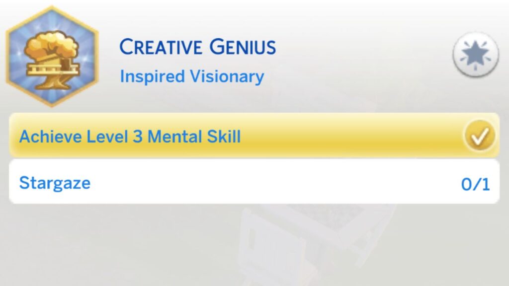 A screenshot from The Sims 4 showing the second stage of the creative genius aspiration