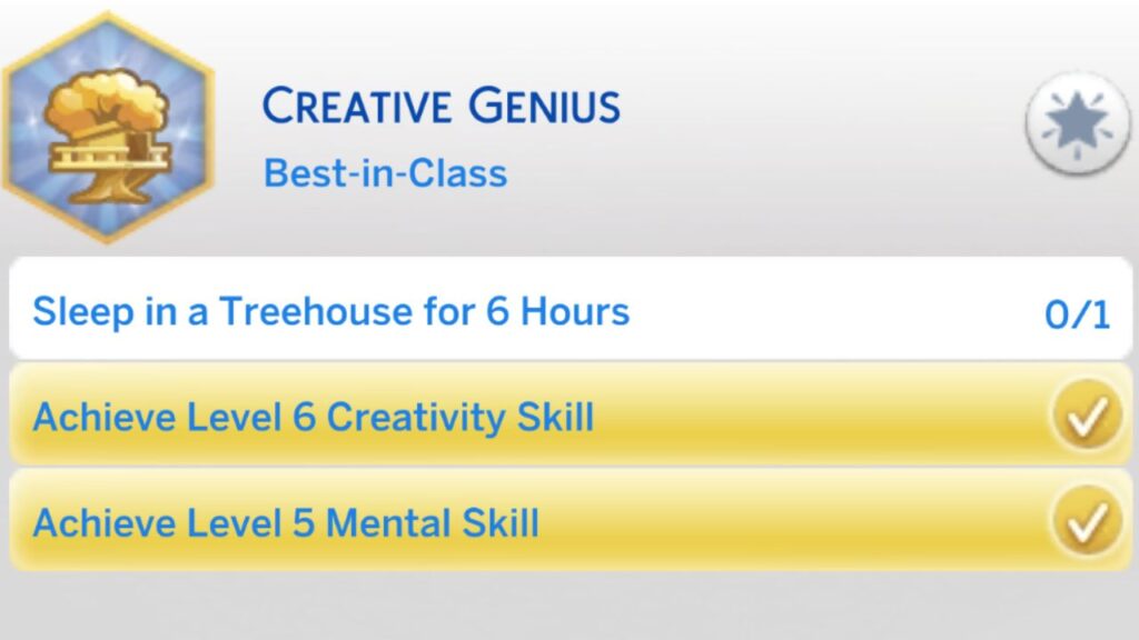 A screenshot from The Sims 4 showing the third stage of the creative genius aspiration