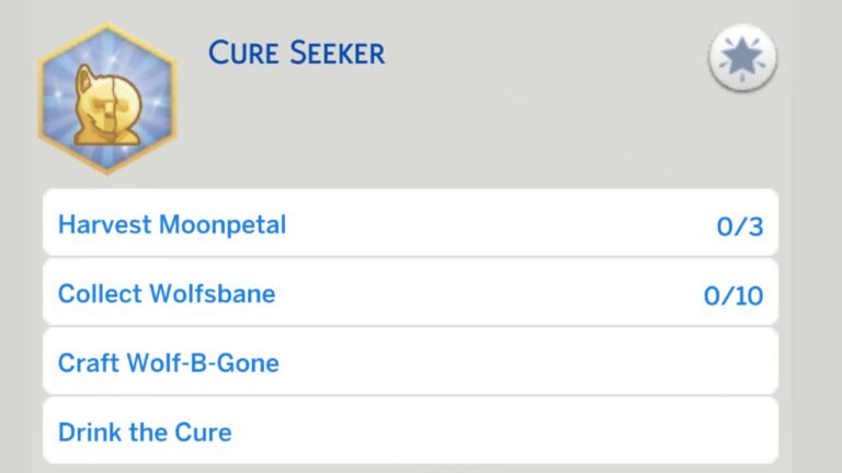 A screenshot from The Sims 4 showing the tasks for the cure seeker aspiration