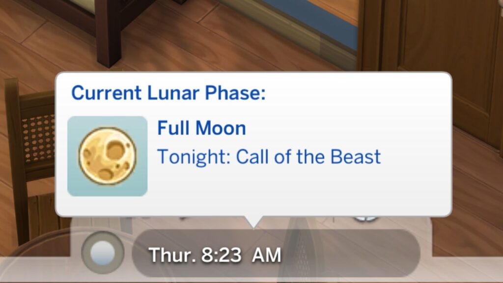 A screenshot from the sims 4 showing the full moon lunar phase