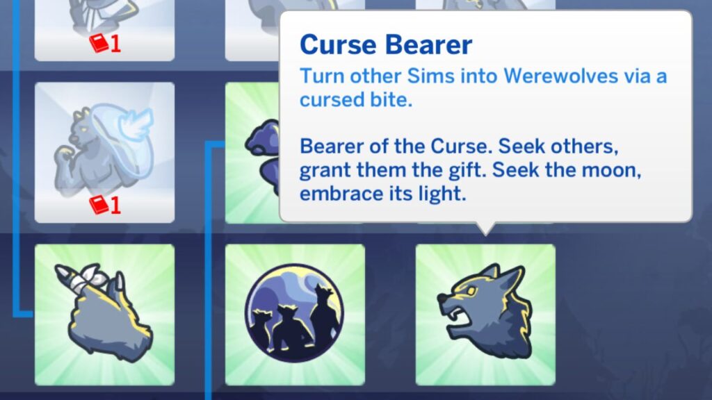 A screenshot from The Sims 4 showing the Curse Bearer werewolf ability to turn sims into werewolves