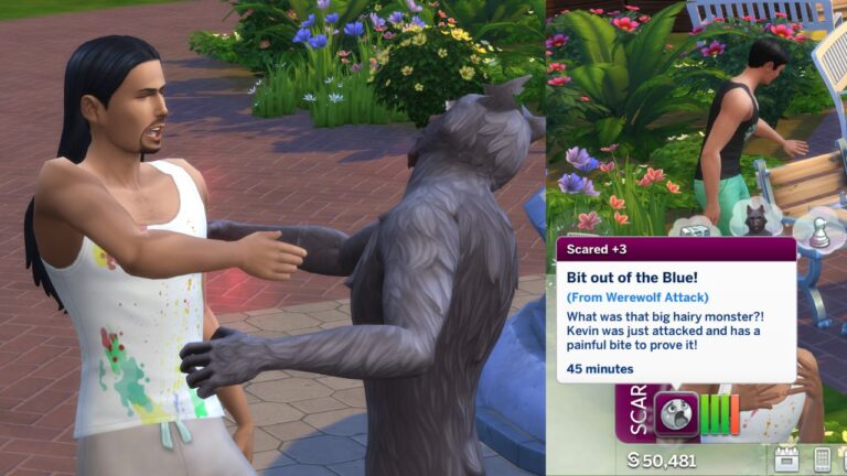 A screenshot from The Sims 4 showing how to bite a sim to turn them into a werewolf