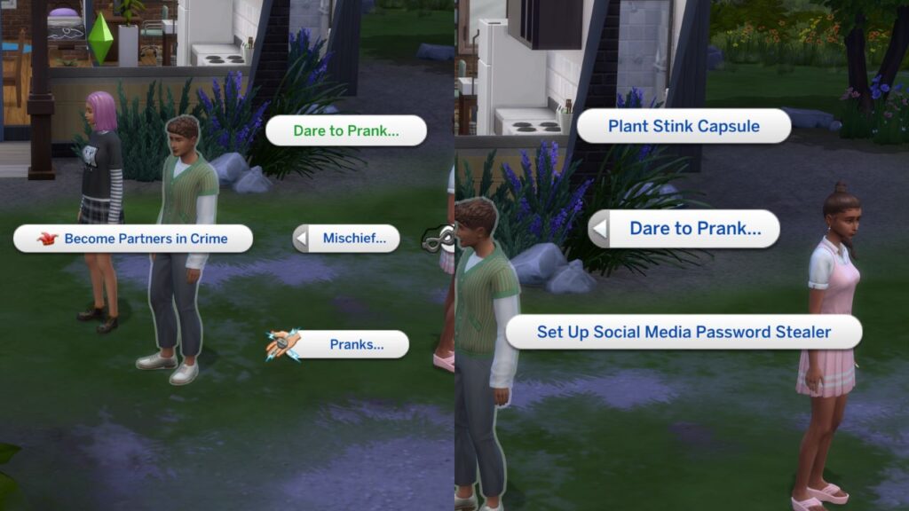 A screenshot from The Sims 4 showing the option to dare another. sim to prank something