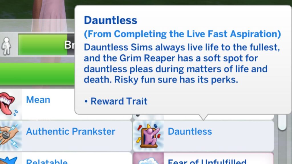 A screenshot from The Sims 4 showing the dauntless reward trait