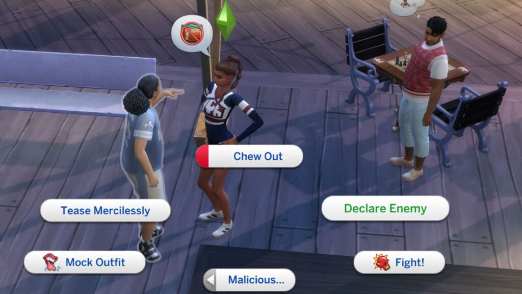 A screenshot from The Sims 4 showing a sim declaring an enemy with another sim