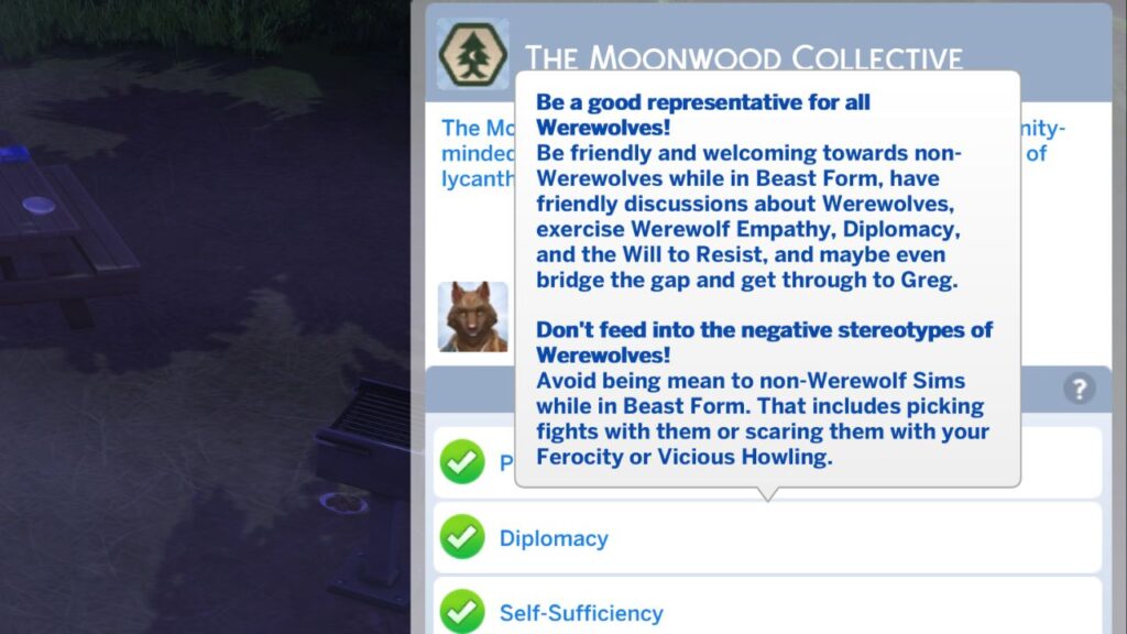 A screenshot from The Sims 4 showing the tasks you can do for diplomacy for the moonwood collective pack