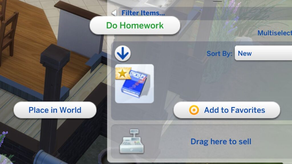 A screenshot from the sims 4 showing the option to do homework in a sim's inventory