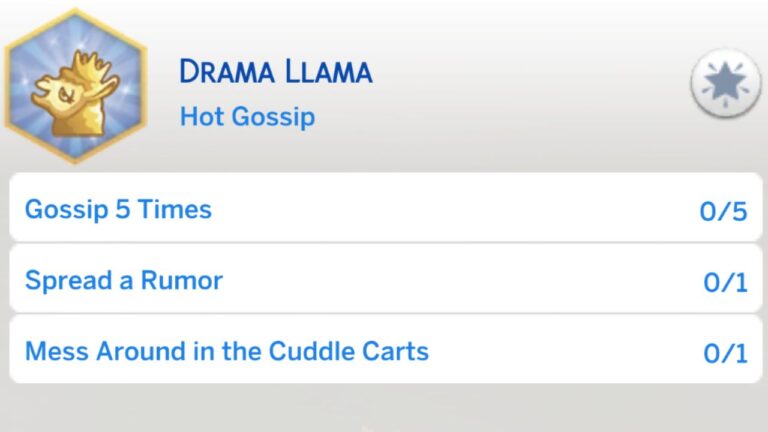 A screenshot from The Sims 4 showing the first stage of the drama llama aspiration