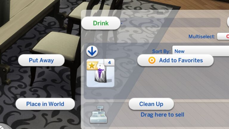 A screenshot from The Sims 4 showing how to drink a plasma pack