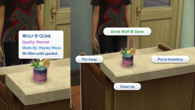 A screenshot from The Sims 4 showing the wolf-b-gone recipe sitting on the bar