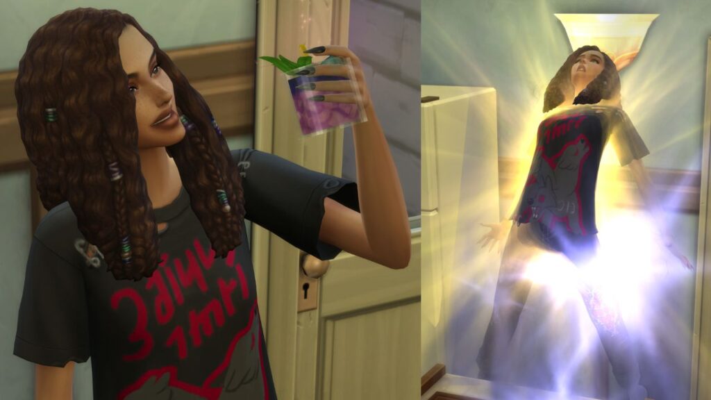 A screenshot from The Sims 4 showing  a sim drinking Wolf-b-Gone 