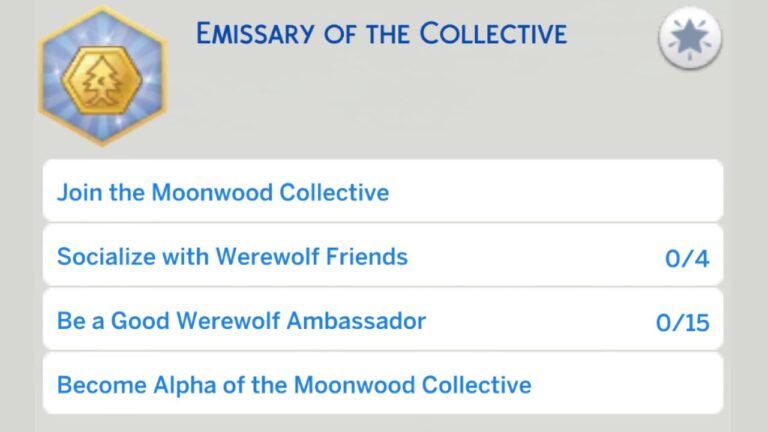 A screenshot from The Sims 4 showing the tasks for the emissary of the collective aspiration